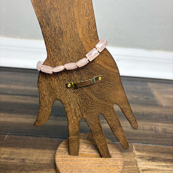 NWT Soft Pink Rose Quartz Beaded Chunky Boho Bracelet, Silver Bead Leather Loop - Picture 5 of 8